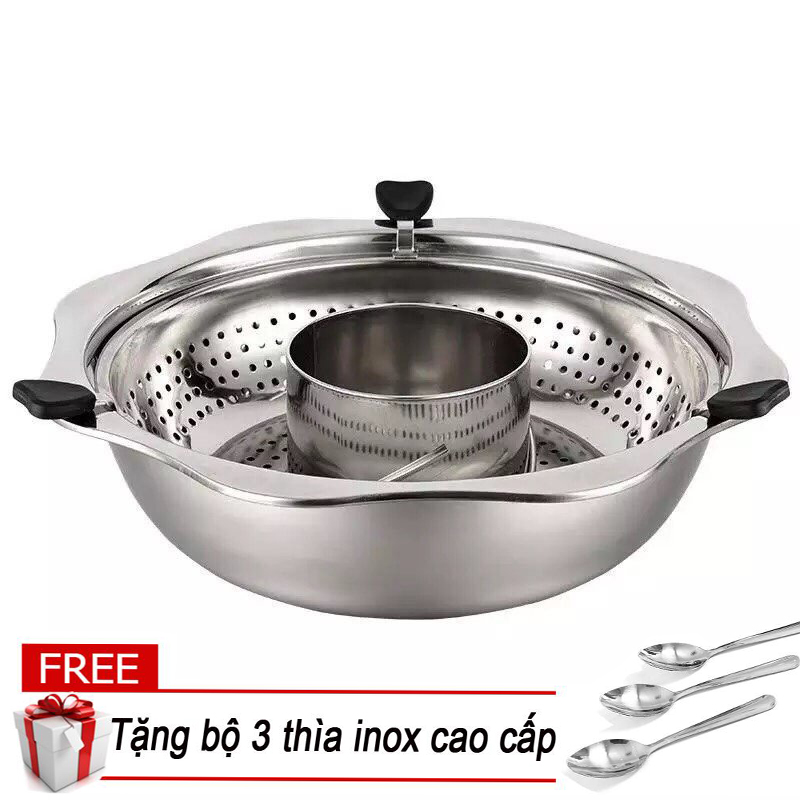 Nồi lẩu xoay inox 32cm, Tặng kèm 3 thìa inox cao cấp