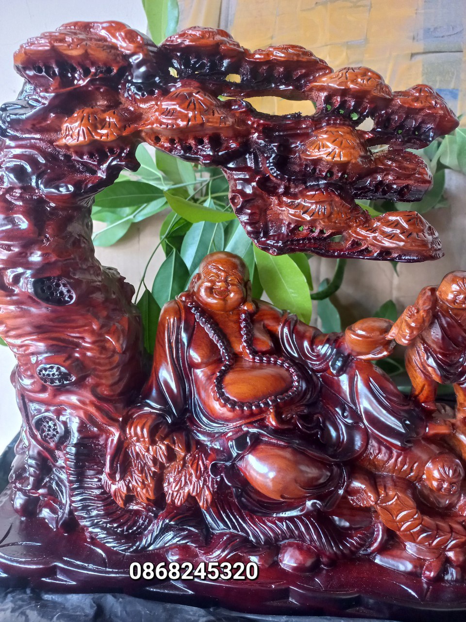 TƯỢNG PHẬT DI LẶC TAM PHÚC GỖ HƯƠNG ĐÁ SƠN PU GIẢ CỔ KT 45×30×15CM