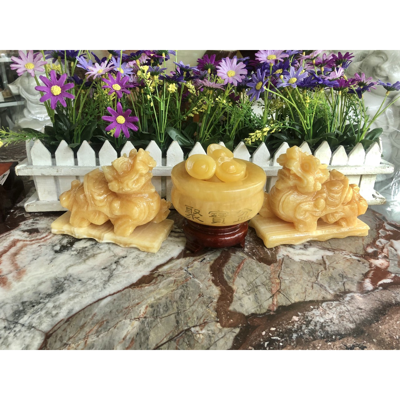 Bộ combo Tỳ Hưu dài 13cm và Bát tụ bảo, bát tụ tài, bát tụ lộc, bát vàng phong thủy đường kính 10cm chiêu nạp tài lộc