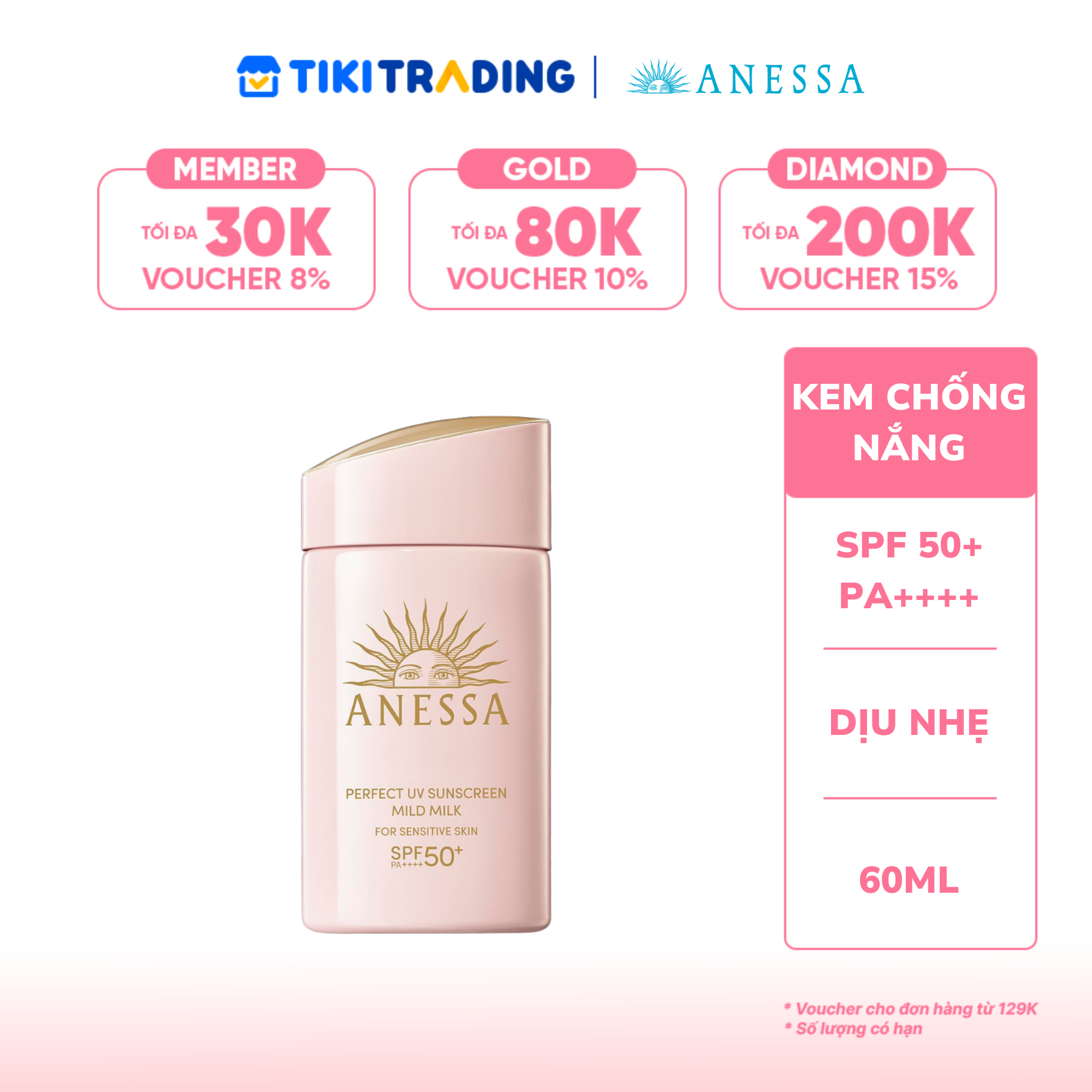 Kem chống nắng dạng sữa dịu nhẹ cho da nhạy cảm và trẻ em Anessa Perfect UV Sunscreen Mild Milk For Sensitive Skin SPF 50+ PA++++ 60ml