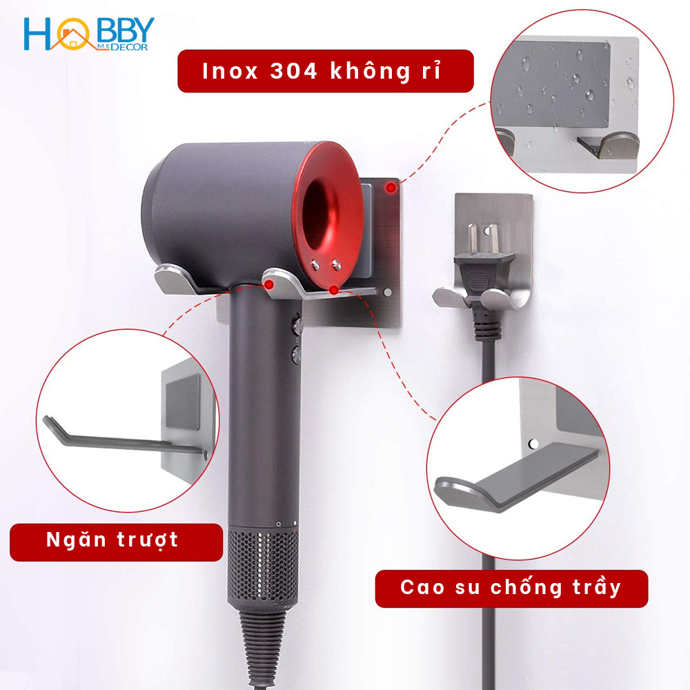 Giá treo máy sấy tóc và phích cắm HOBBY Home Decor MS3PC dán tường gạch men - chuẩn Inox 304 và kèm keo dán