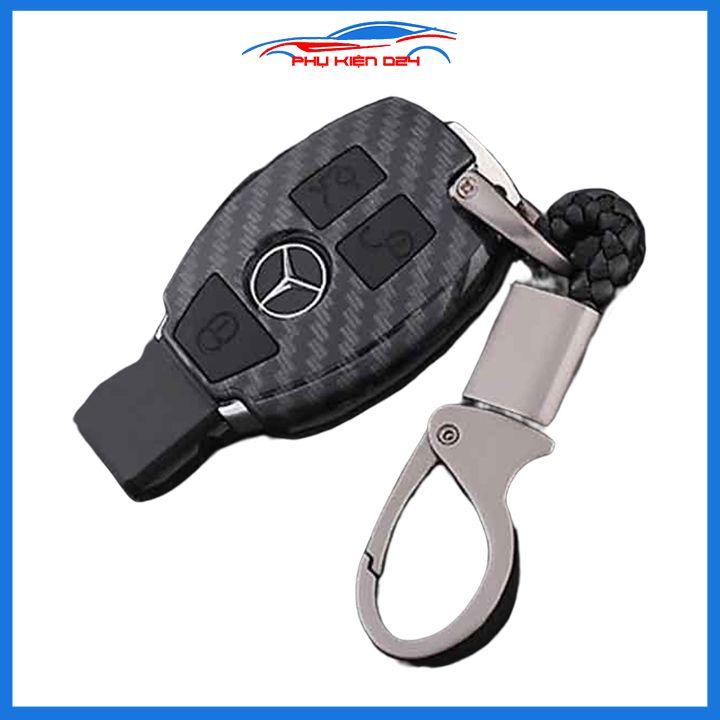 Ốp vỏ bọc chìa khóa xe Mercedes-BENZ sợi nhựa cacbon kèm móc treo Inox
