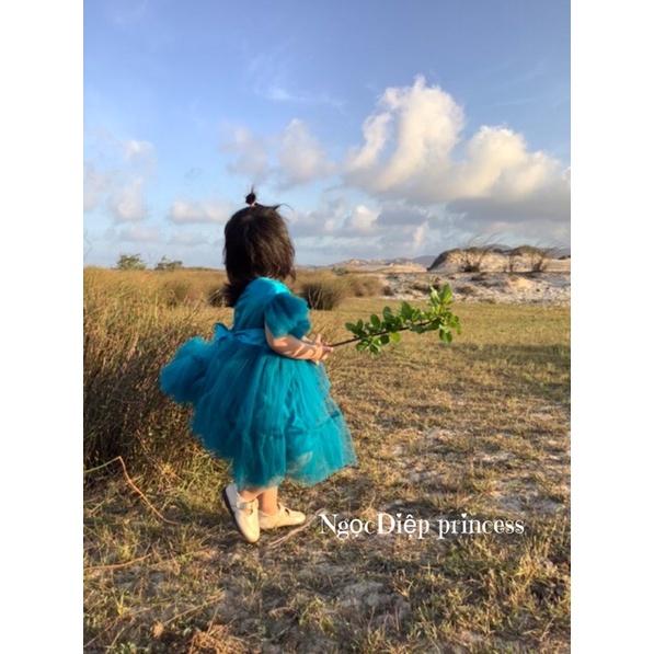 Đầm công chúa bé gái,váy công chúa xanh tay cánh tiên,tặng kèm nơ cột tóc cùng màu váy