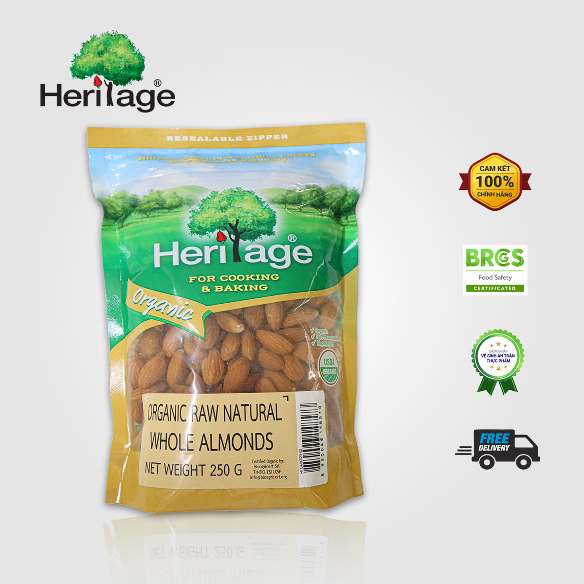 HẠNH NHÂN HỮU CƠ NGUYÊN HẠT- OGANIC RAW NATUAL WHOLE ALMONDS - 250gr