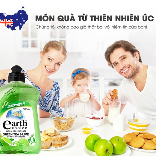 Nước rửa chén gốc thực vật đậm đặc hương chanh và trà xanh Earth Choice Úc 500ml