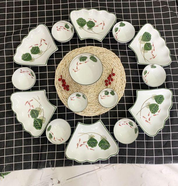 BỘ BÁT ĐĨA VẼ SEN MEN KEM BÁT TRÀNG 21 MÓN