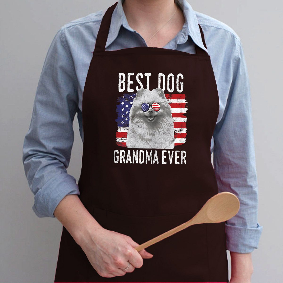 Tạp Dề Làm Bếp In Hình Womens American Flag Best Dog Grandma Ever Pomeranian USA