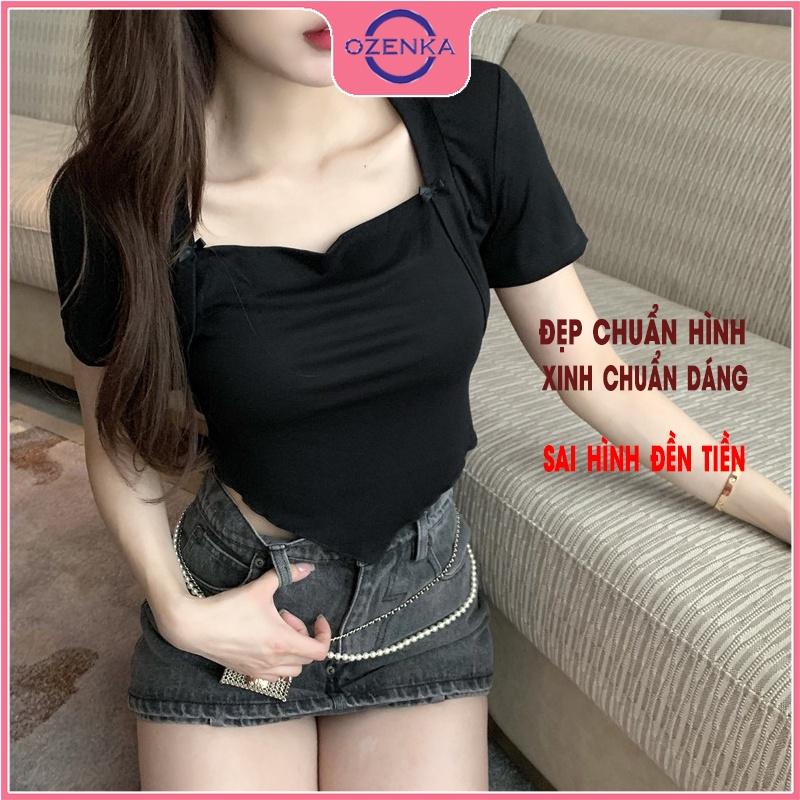 Áo croptop cổ vuông vạt yếm , crt tay ngắn ôm đẹp thun gân 100% cotton free size dưới 52 kg màu đen trắng