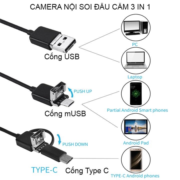 Camera nội soi 5.5mm đầu kết nối 3 trong 1, dài 1-2-5m tùy chọn (hỗ trợ điện thoại Android và máy tính)