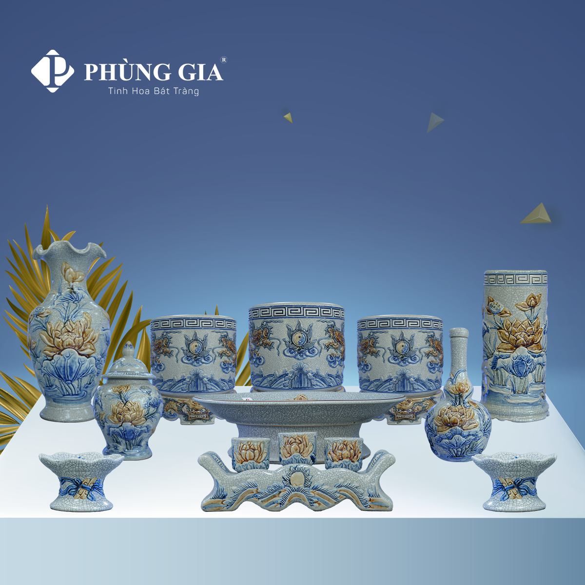 Bộ đồ thờ Thổ Công số 7 gồm 3 bát men Rạn Đắp Nổi họa tiết RỒNG & SEN