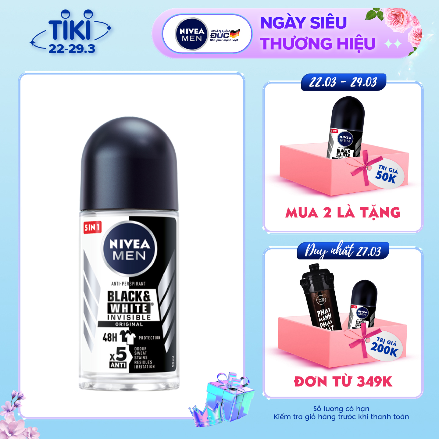 Lăn Ngăn Mùi NIVEA MEN Black &amp;White - 48H Ngăn Mồ Hôi - Ngăn Vệt Ố Vàng (50 Ml)