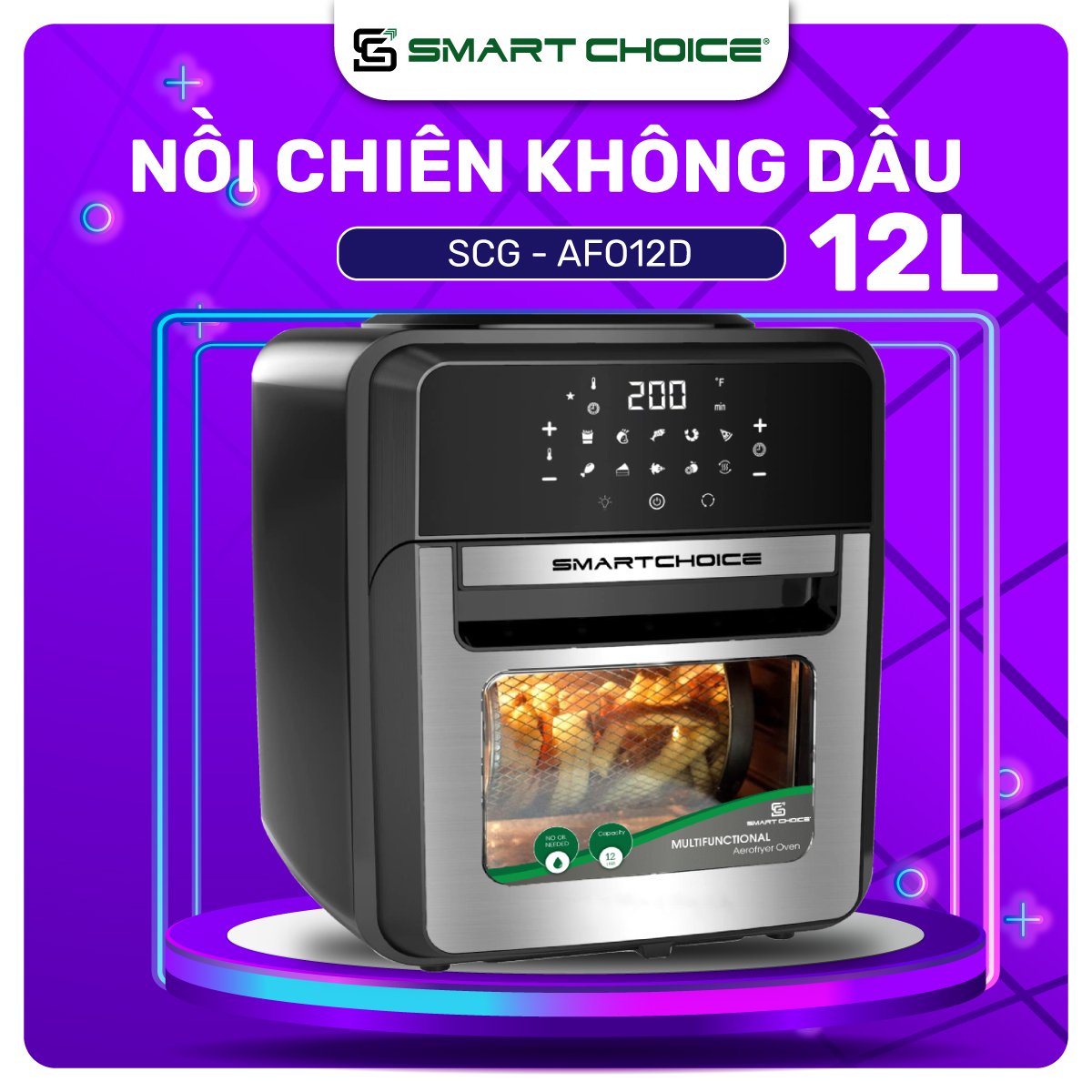 Nồi Chiên Không Dầu Điện Tử SMARTCHOICE 12L Cao Cấp - 10 Chế Độ Nấu ( Công Suất 1800W ), Lò Chiên Không Dầu Cảm Ứng, Đầy Đủ Phụ Kiện Đa Năng - Bảo Hành CHÍNH HÃNG 18 tháng