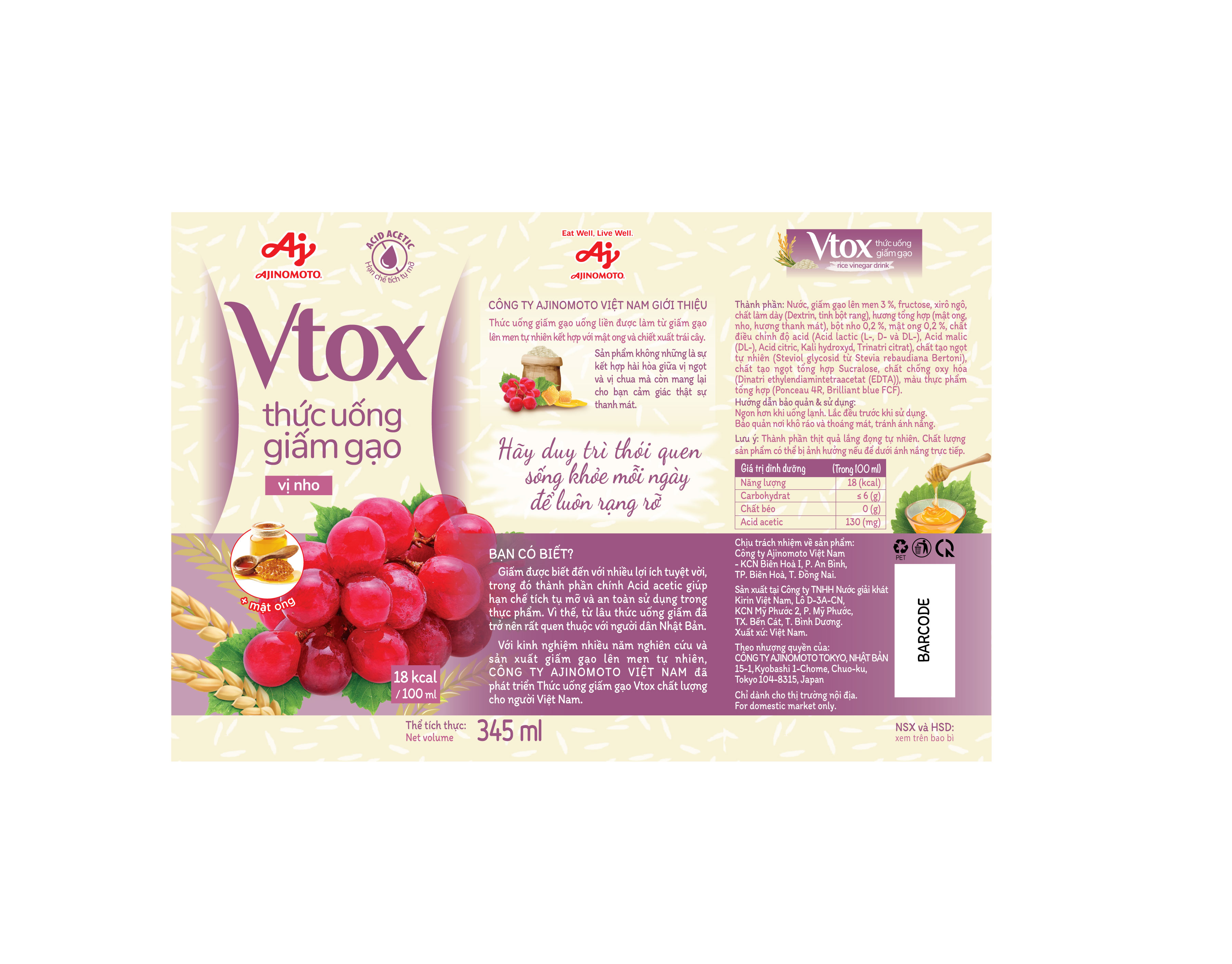 Thùng 24 Chai Thức Uống Giấm Gạo "Vtox" - Vị Nho 345ml/Chai