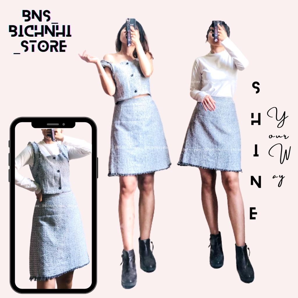 SET ÁO DẠ TWEED DÁNG CROPTOP & CHÂN VÁY CHỮ A -High Neck Basic Tee With Sleeveless Crop Tweed Jacket & Skirt Set- BY BNS AURORA SET BNS006