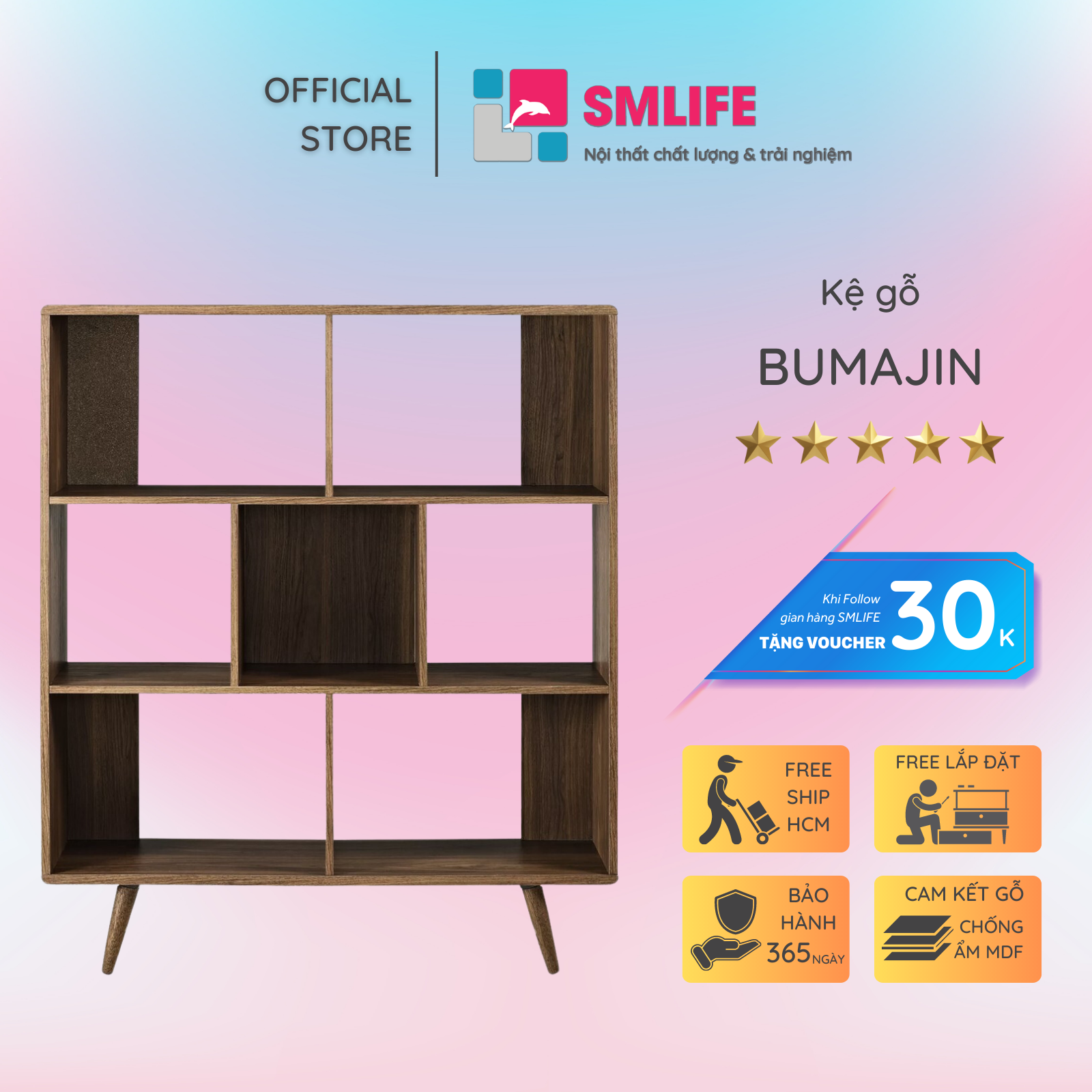 Kệ sách, kệ trang trí gỗ hiện đại SMLIFE Bumajin | Gỗ MDF dày 17mm chống ẩm | D115xR30xC130cm