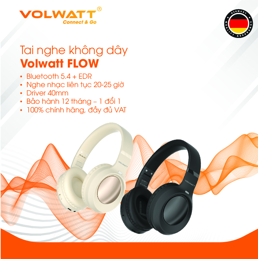 Tai nghe chụp tai không dây Volwatt Flow hàng chính hãng | Bluetooth 5.4 + EDR, AUX 3.5mm, Pin 200mAh 18h, Mic ENC, BH 12 tháng