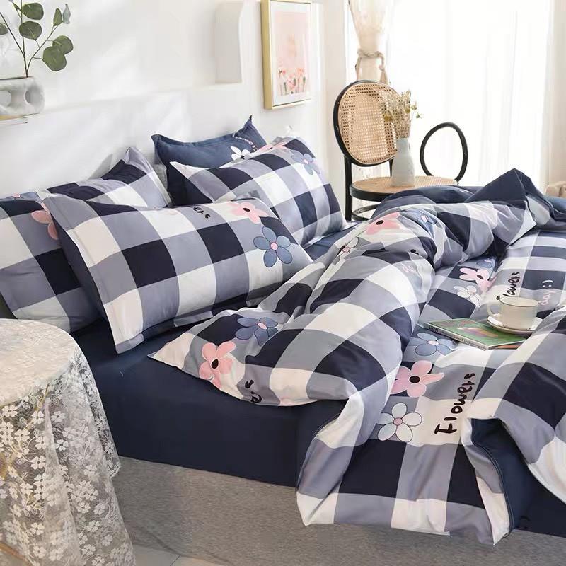 Bộ Chăn Ga Gối Cotton Poly Nhập Khẩu caro hoa Đủ size Miễn Phí Bo Chun
