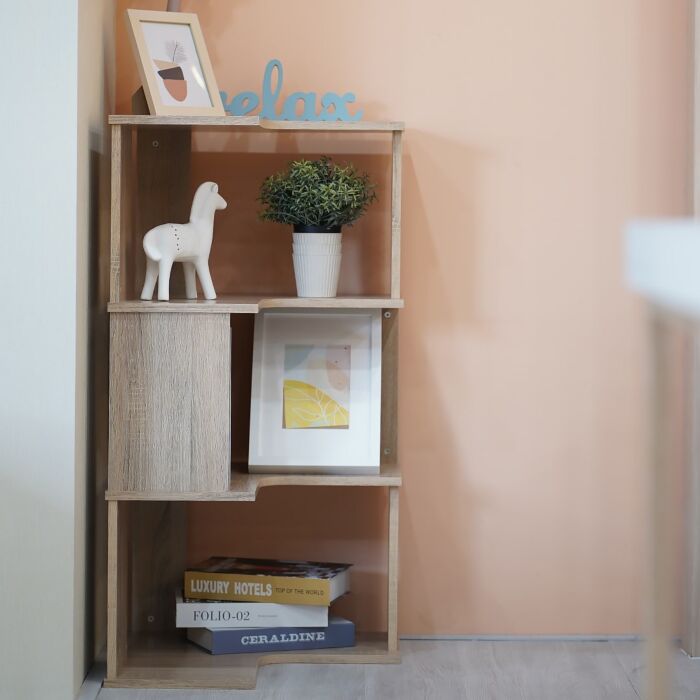 SB Furniture, Looms, Clint 3-Tier Corner Shelf, Solid Oak Color, W50xD50xH96 cm.