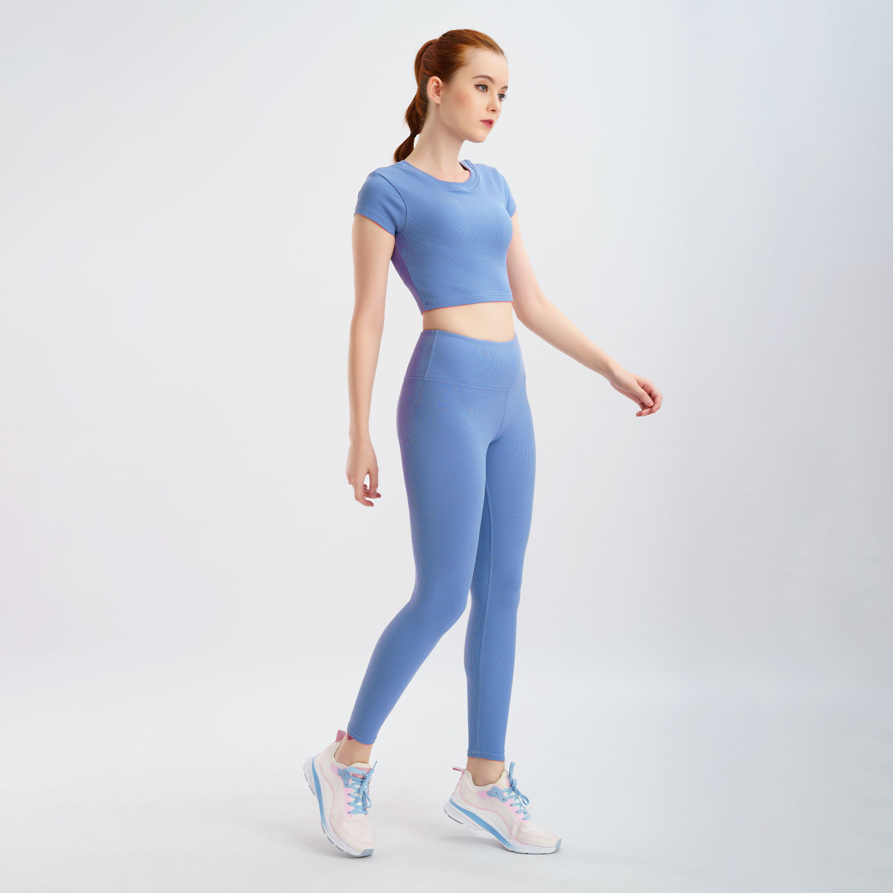 Set đồ tập yoga gym Hibi Sports H146 size mới, màu xanh, áo croptop có tay kèm mút ngực, quần lưng cao, chất vải Rib