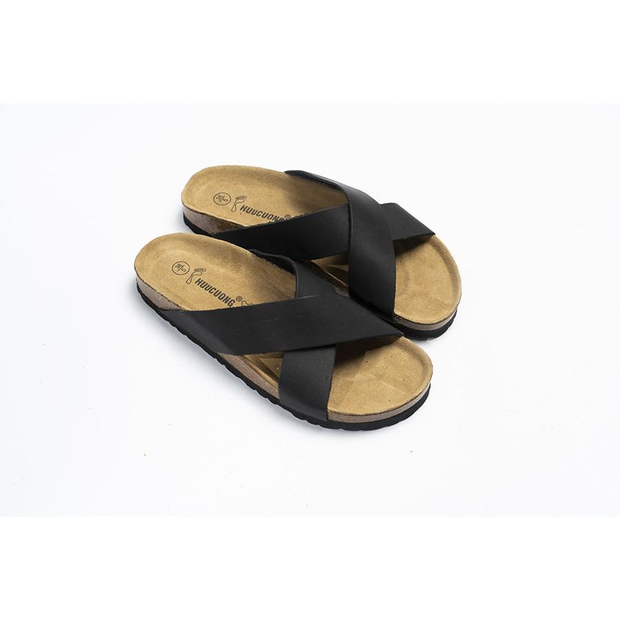 Dép unisex HuuCuong quai chéo da bò đen đế trấu