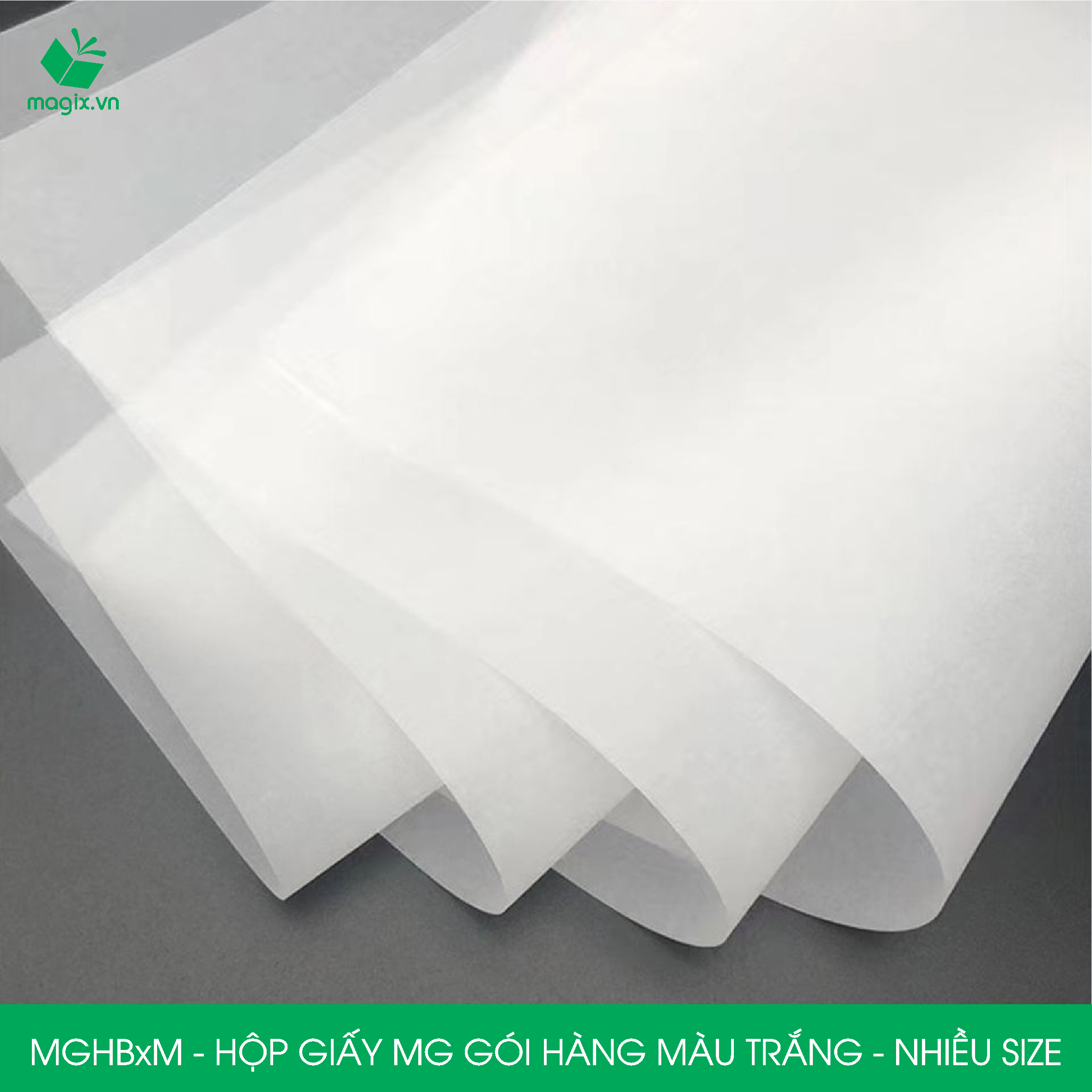 MGHB - Hộp cuộn giấy MG, cuộn giấy Pelure trắng gói hàng, giấy chống ẩm 1 mặt bóng, cuộn giấy bọc hàng thời trang - Nhiều kích thước