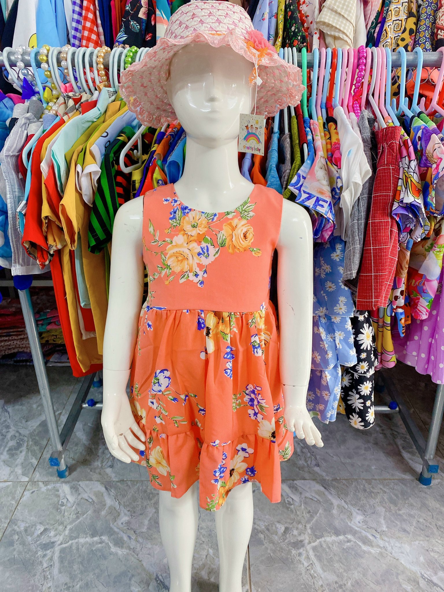 Đầm Váy Bé Gái Size 7-23Kg, 5 Tháng Đến 6 Tuổi Hoa Cam,Kết 3 Nơ, Thiết Kế
