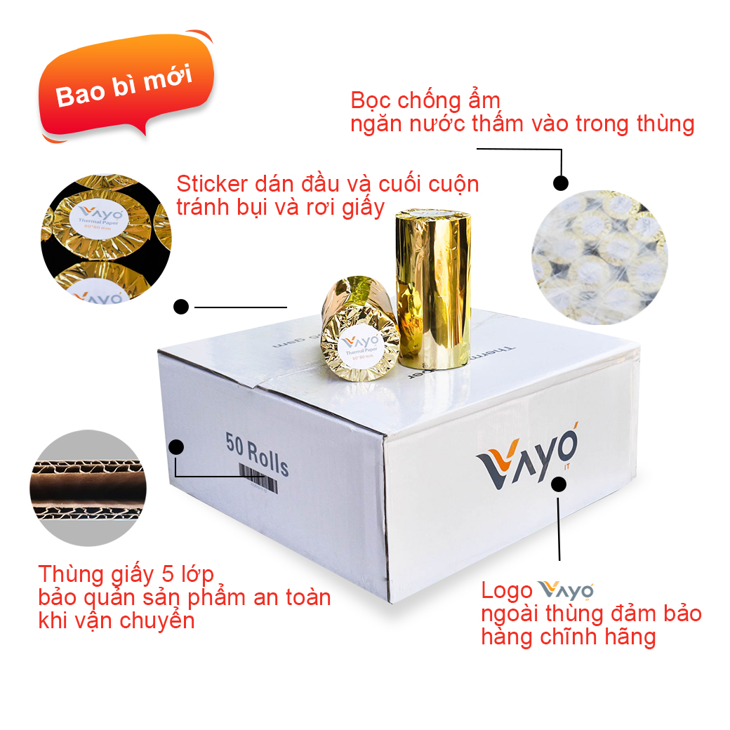 [50 CUỘN] Giấy in nhiệt Giấy in bill VAYO Khổ 80 x 45 mm - In rõ nét - Lõi siêu nhỏ - Hàng chính hãng - 65gsm