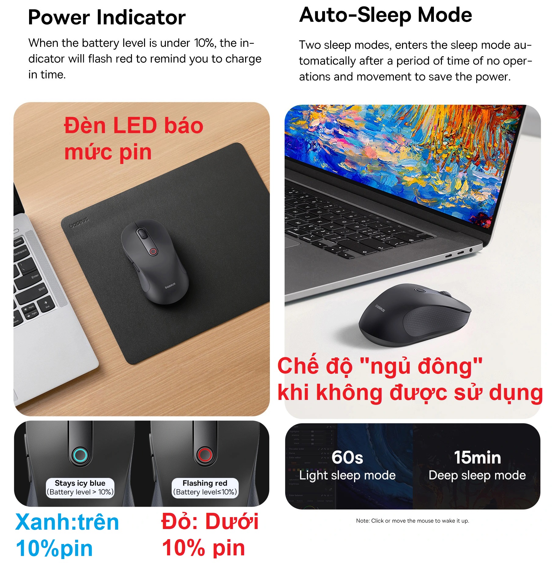 Chuột không dây kết nối bluetooth V5.2 Receiver 2.4Hz app chỉnh cài đặt Baseus BS - F02 _ Hàng chính hãng