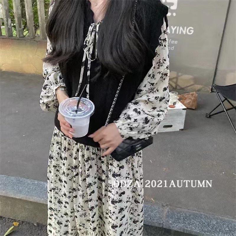 Đầm hoa dáng dài mix gile vintage