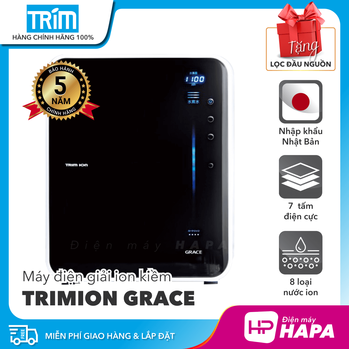 [MIỄN PHÍ LẮP ĐẶT &amp; PHỤ KIỆN] Máy Điện Giải iON Kiềm TRIM ION GRACE - Nhật Bản, 4 tấm điện cực Titan, Tạo ra 7 loại nước ion, 1300 ppb, Tặng Bộ tiền lọc + Vòi + Bộ chuyển nguồn, Trimion Grace - Hàng Chính Hãng - TRIM ION GRACE