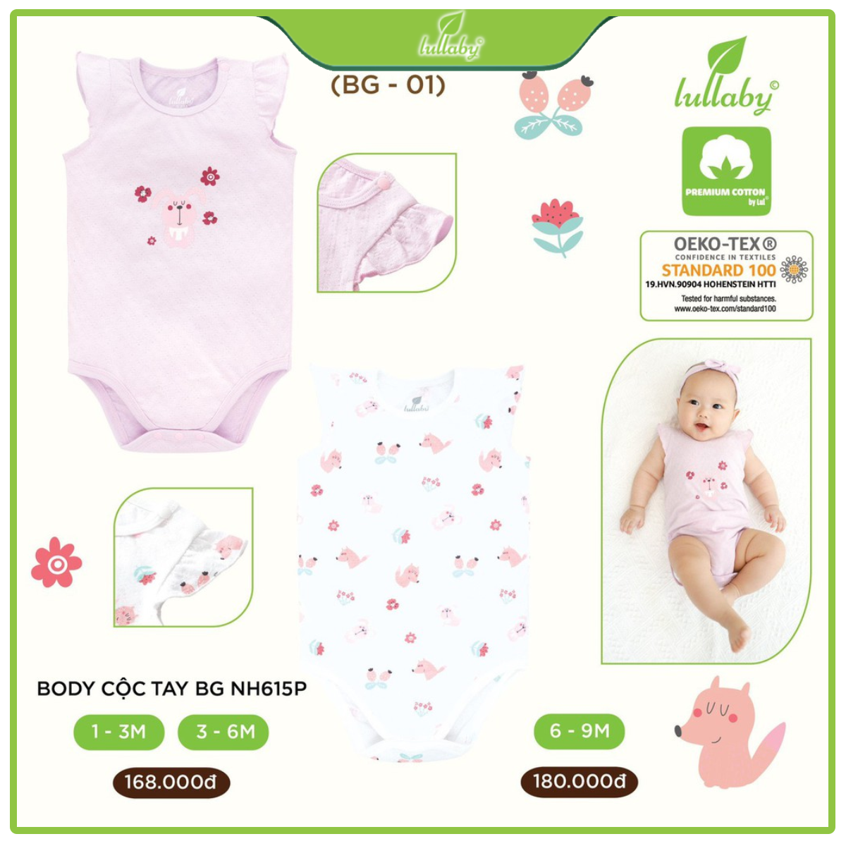 Body cộc tay Lullaby cho bé gái NH615P Trắng hồng