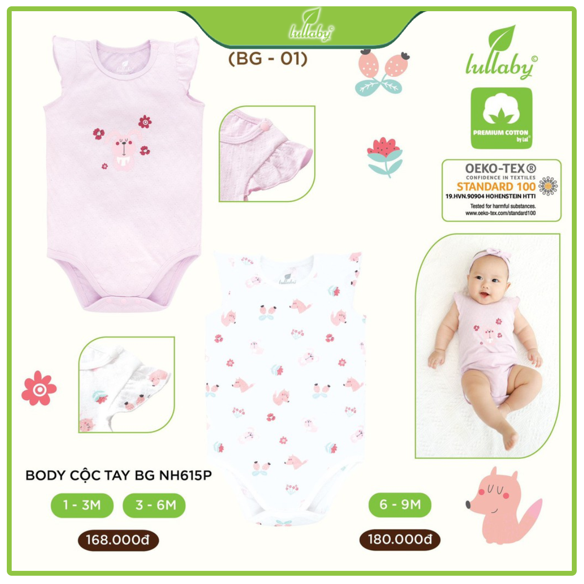 Set 2 Áo liền quần Bodysuit cộc tay Bé Gái Lullaby Bộ sưu tập POINTELLE Vải Thở 2021 – NH615P 3 size cho bé 3m 6m 9m