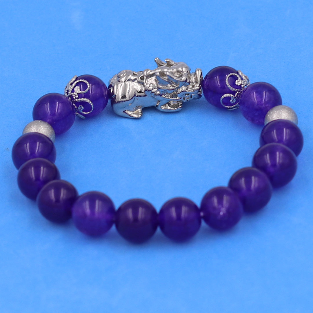 Vòng chuỗi đeo tay đá thạch anh tím 10 ly charm tỳ hưu inox, bi inox, khía bông inox, vòng tay phong thuỷ, vòng tay tỳ hưu