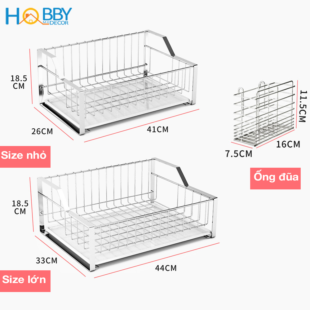 Kệ chén cao cấp Inox 304 HOBBY KC2 kèm ống đũa và khay nhựa hứng nước - 2 size tùy chọn - không rỉ sét 