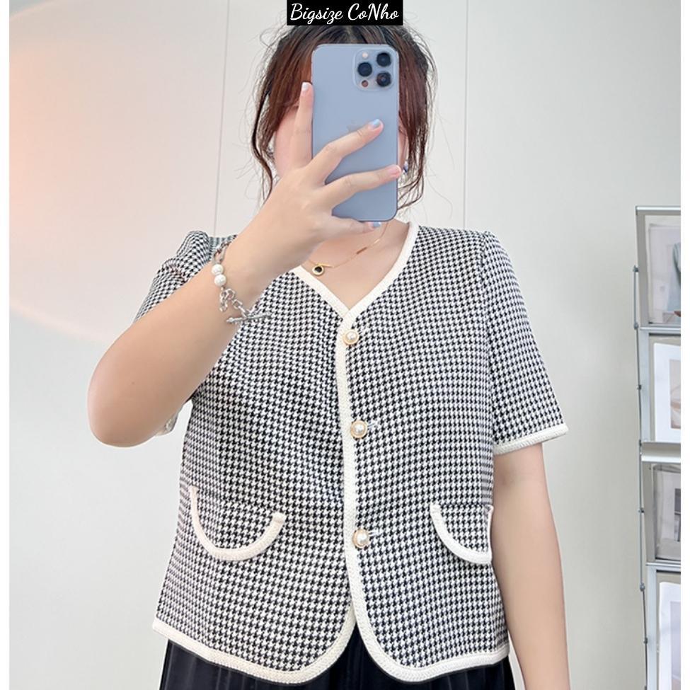 Áo dạ bigsize nữ 58-95kg cộc tay nút ngọc chất dạ tweed, Áo kiểu nữ big size form rộng AO DA - Màu nâu