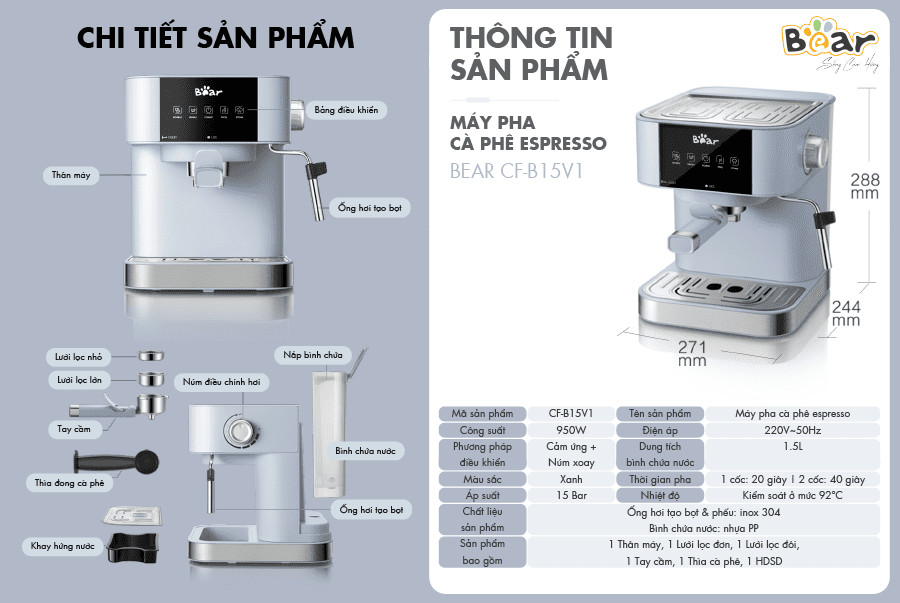 Máy pha cà phê Bear KFJ-A15L1 (CF-B15V1) Hàng Chính Hãng