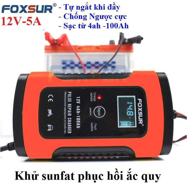 Sạc ắc quy 12V FOXSUR có LCD tự ngắt khi đầy kèm khử sunfat ,sạc ắc quy ô tô xe máy, sạc bình ắc quy