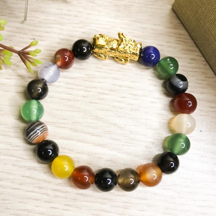 Vòng phong thủy - Vòng tay nữ mã não đa sắc mix tỳ hưu V323-08- Vòng phong thủy hợp mệnh Thủy - Kim