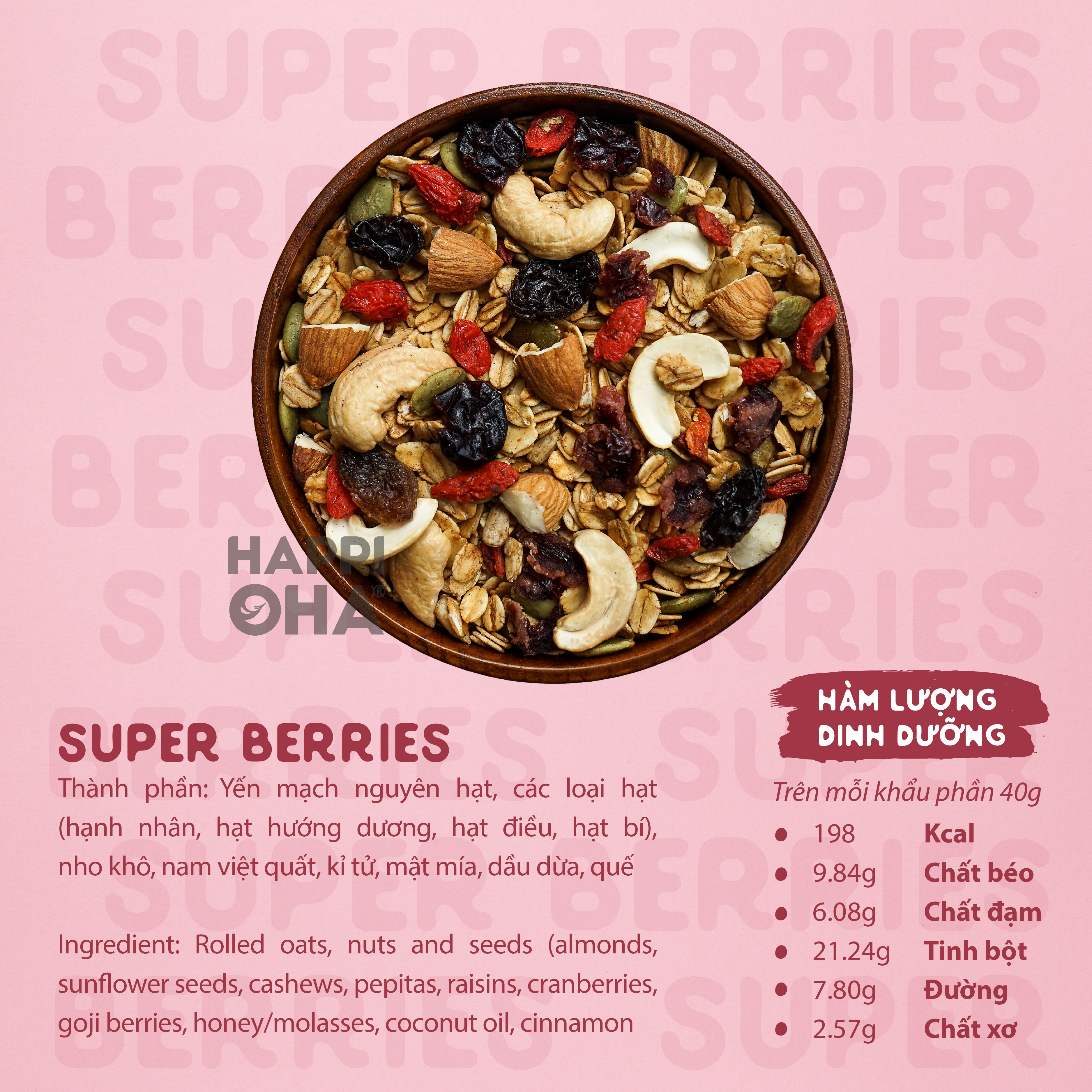 Ngũ Cốc Ăn Sáng/Ăn Kiêng Không Đường Tinh Luyện Vị 8 Loại Hạt Trái 280g Granola Super Berries HAPPI OHA