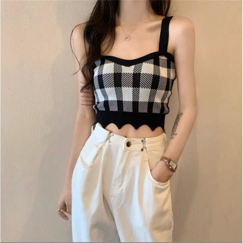 Áo len 2 dây dáng ngắn kẻ caro siêu xinh, free size từ 35_60kg