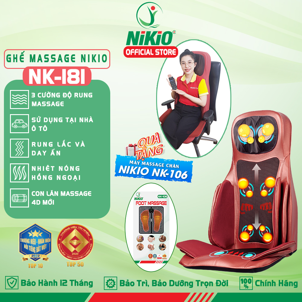 Ghế Đệm Massage Toàn Thân Nikio Nk - 181 - Máy Mát Xa Lưng, Cổ Vai Gáy, Con Lăn 3D Xoa Bóp Chuyên Sâu, Kết Hợp Hồng Ngoại, Rung Và Nhiệt Giúp Cơ Thể Thư Giãn, Giảm Căng Thẳng - Màu Đen