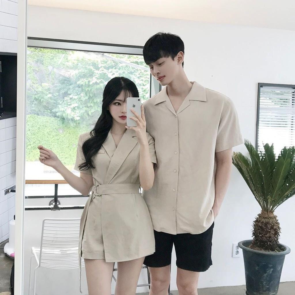 Áo đôi áo cặp   Set váy áo sơ mi đôi nam nữ đẹp du lịch chụp cưới màu nude HOT 2020 VSM - AV83