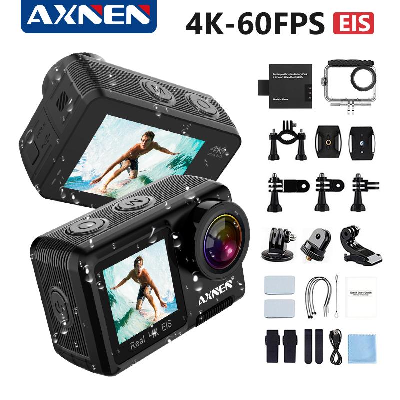 Camera hành động chống nước AXNEN 4K, Camera thể thao quay video chống rung EIS, có màn hình cảm ứng, Camera hành động màn hình kép, Webcam