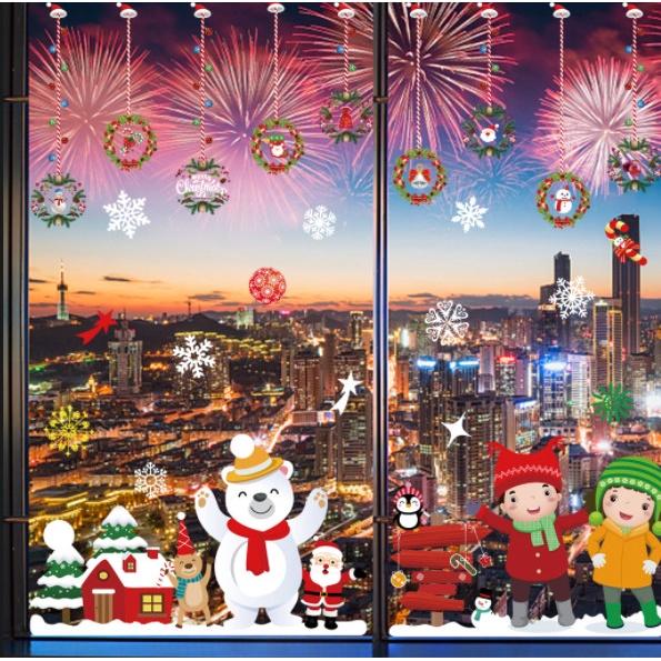 Decal trang trí Noel Hít Tĩnh Điện 2 mặt - 2 BÉ ĐÓN GIÁNG SINH CÙNG GẤU TUYẾT