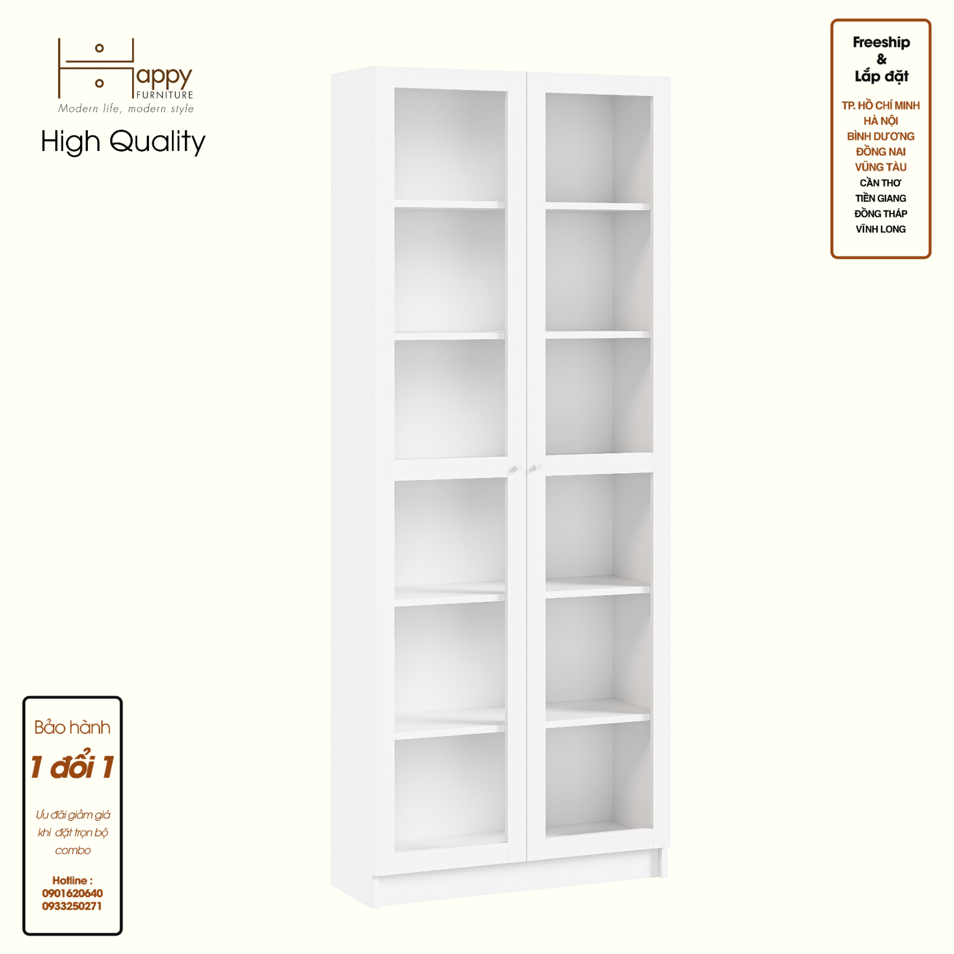 HAPPY FURNITURE , Kệ sách 6 tầng cửa kính - CATY, KSA_074 , 80cm x 30cm x 202cm DxRxC