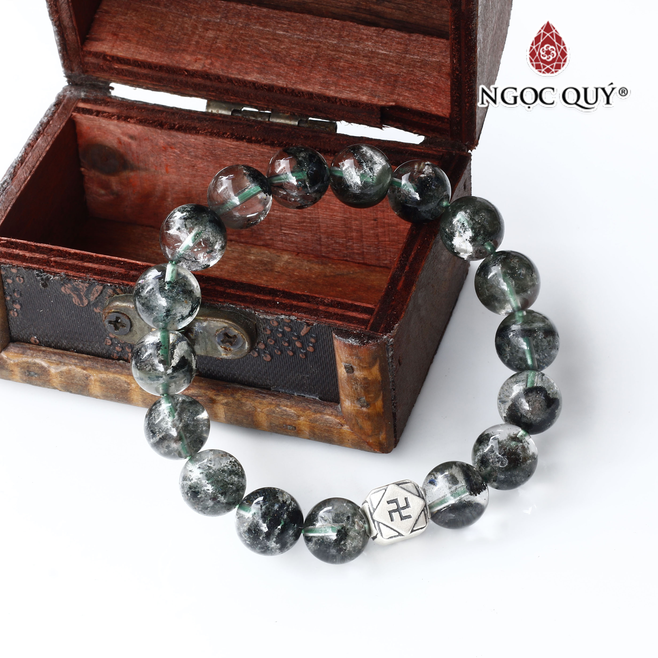 Vòng thạch anh ưu linh xanh 12mm charm chữ vạn bạc - Ngọc Quý Gemstones