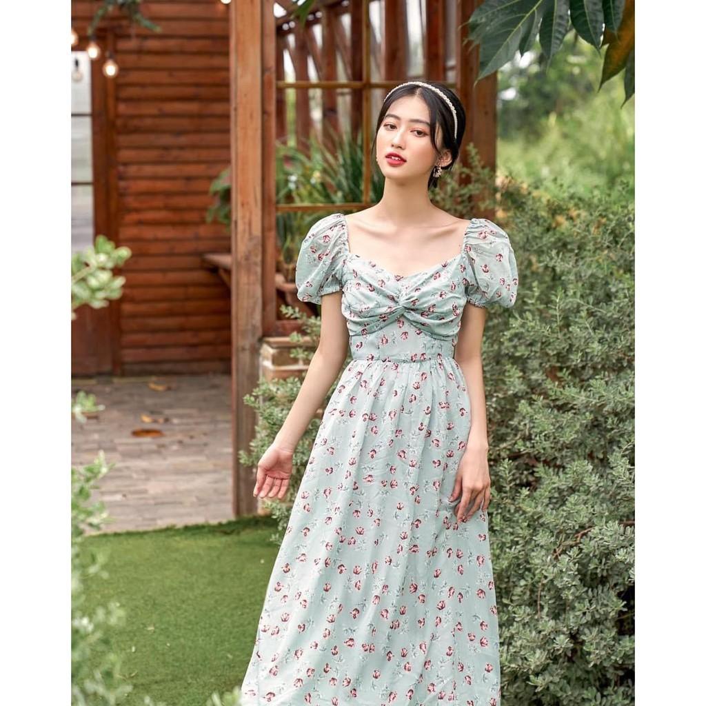 ĐẦM VOAN XANH HỌA TIẾT HOA NHÍ TAY LỠ XOẮN NGỰC TAY LỠ DÁNG XÒE-