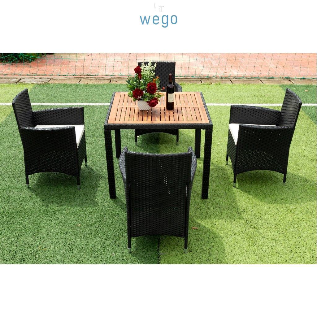 WEGO Bộ bàn ghế nội thất ngoài trời mây đan mây nhựa / Bộ sân vườn - Bộ bàn ăn Mặt bàn bằng gỗ keo với 4 ghế //Outdoor Furniture Rattan Chair set Garden Dining Table Set 4 Seater