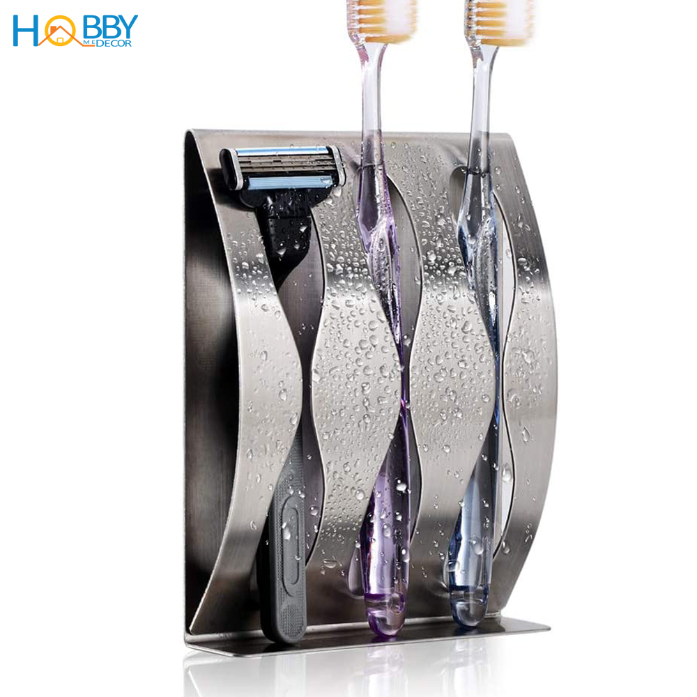 Kệ đựng bàn chải, dao cạo râu 3 ngăn Inox SUS304 dán tường gạch men - keo dán mặt sau đi kèm - HOBBY KBC3