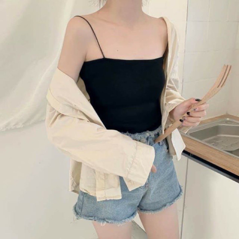 Áo 2 dây sợi bún croptop cotton thun ôm 2 màu Basic